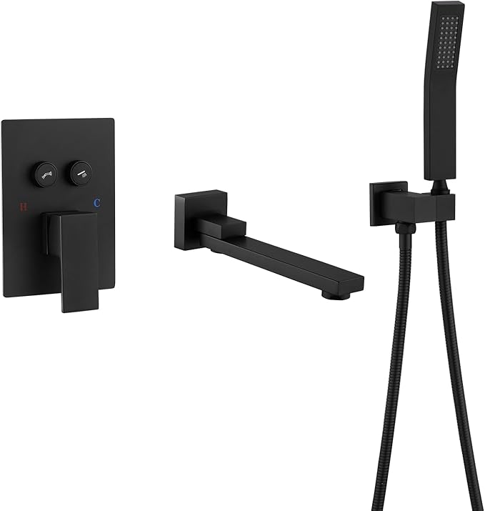 Wall Mount Bathtub Faucet Set Included 180°Swivel bathroom Tub Filler faucets and handheld Shower，high Flow Tub Spout with Solid Brass Push-button Diverter Pressure Balance Valve,Matte Black
