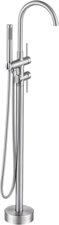 Freestanding Bathtub Faucet Brushed Nickel, Floor Mount Tub Filler, High Flow Brass Shower Faucets with Handheld Sprayer for Bathroom