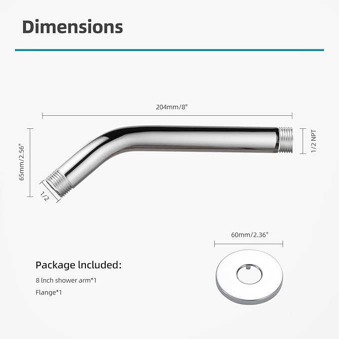 Cobbe Shower Arm with Flange and Teflon Tape, 8-Inches Wall Mounted Shower Pipe Arm 304 Stainless Steel Extension for Fixed Shower Head, Chrome