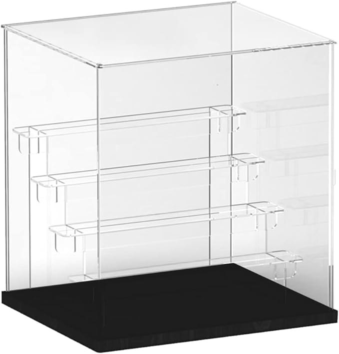 Choowin 5 Tier Clear Acrylic Display Case for Collectibles, Mini Figures, Pop Mart, Labubu, Sonny Angel, Smiski - Assemble Dustproof Acrylic Display Box with Door, Stand (Black Base, Clear Step)