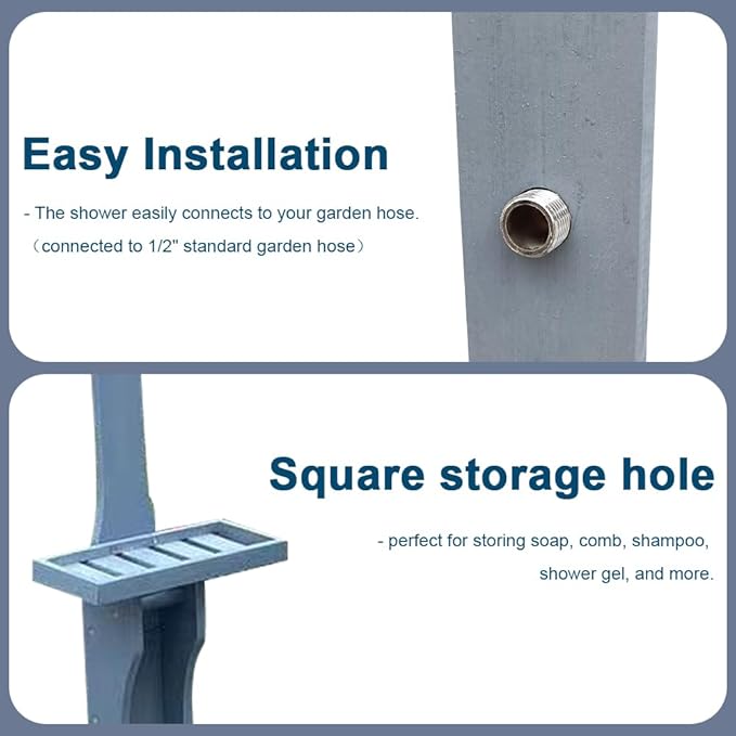 Outdoor Pool Shower Kit Portable Wood Outdoor Garden Pool Shower with Chassis Board for Outdoor Backyard Poolside Beach Spa,Gray