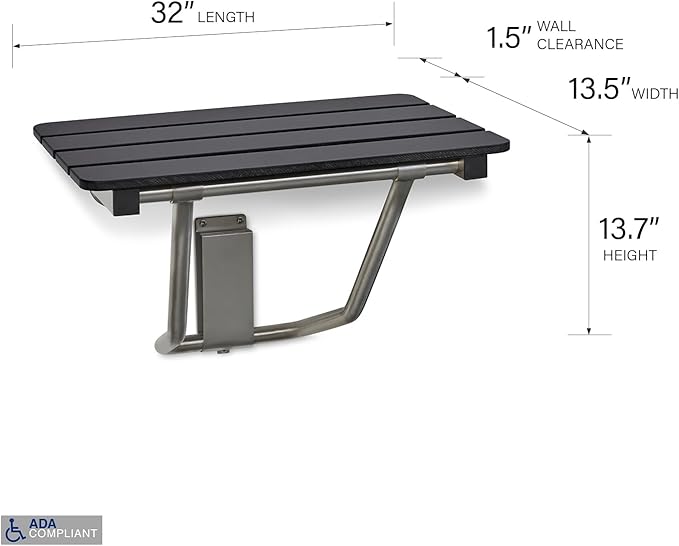 32-inch x 15-inch ADA Folding Wall Mount Bathroom Shower Seat Bench, Black Slatted Phenolic Seat