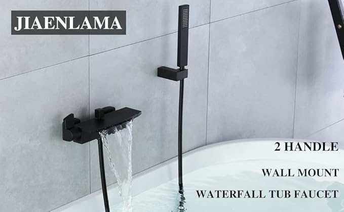 Wall Mount Tub Filler Matte Black Waterfall Tub Faucet with Sprayer, Brass Bathtub Wall Faucets with Hand Shower, High Flow Tub Spout, Bath Tub Faucet Set 2 Handles - JIAENLEMA