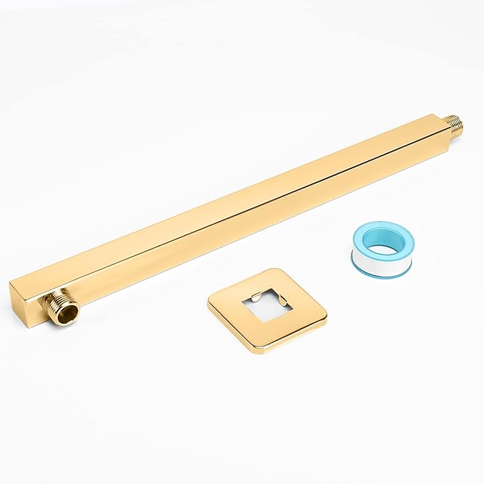 HarJue Shower Arm, Rain Shower Head Extension Extender, With Flange and Teflon Tape, Made of Thicken Stainless Steel for Bathroom Rainfall Shower (16 Inch, Chrome Gold)