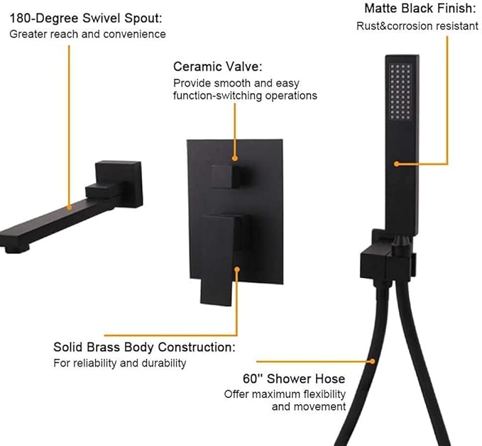 Wall Mounted Bathtub Faucet with Handheld Shower, Solid Brass 180° Swivel Bathroom Tub Filler Faucet with Hand Shower Modern Single Handle Tub Faucet Set, Matte Black