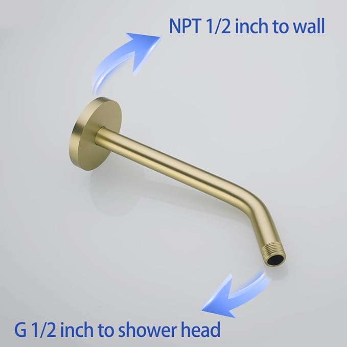 10 in Brushed Gold Shower Arm with Flange,Wall Mount Replacement Angle Shower Head Arm Wall-Mounted For Fixed Shower Head & Handheld Showerhead,SW-RD91018-10BG.