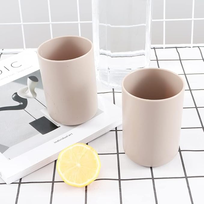 Bathroom Tumblers 2Pcs, Mouthwash Cup, Toothbrush Holders, Drink Mug, Pen Holder, Unbreakable Dishwasher Safe, 10fl.oz(300ml)/Pcs (Brown & Brown)