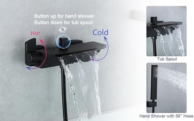 Wall Mount Tub Filler Matte Black Waterfall Tub Faucet with Sprayer, Brass Bathtub Wall Faucets with Hand Shower, High Flow Tub Spout, Bath Tub Faucet Set 2 Handles - JIAENLEMA