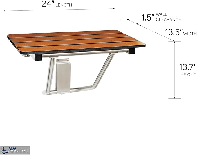 Seachrome 24-inch x 15-inch in ADA Folding Wall Mount Bathroom Shower Seat Bench, Teak Phenolic Seat