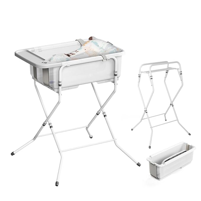 Collapsible Baby Bathtub with Stand - Large Capacity Baby Bath Tub with Thermometer & Soft Cushion | Portable Travel Newborn Infant Bathtub | Foldable Toddler Bathtub for Baby 0 to 36 Months