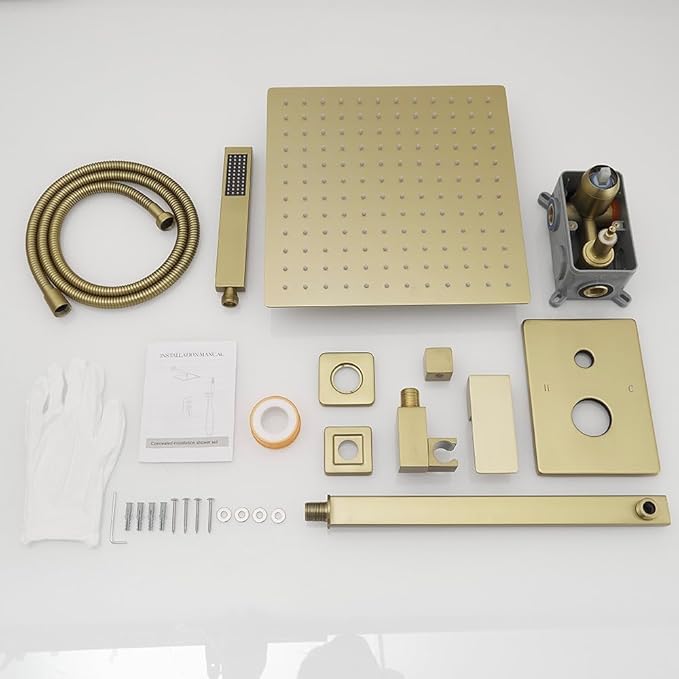 Rain Shower System 12 Inch Ultra Large Shower Head High Pressure Brushed Gold Surface Dual Function Shower Vavle Trim Kit