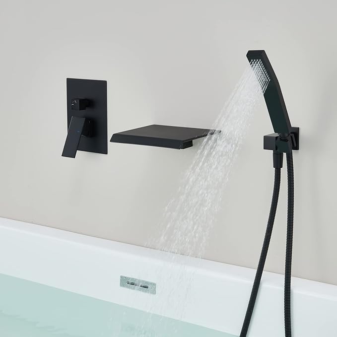 Wall Mount Tub Filler Waterfall Tub Faucet Black Bathtub Faucet Brass Single Handle Bathroom Faucet with Hand Shower