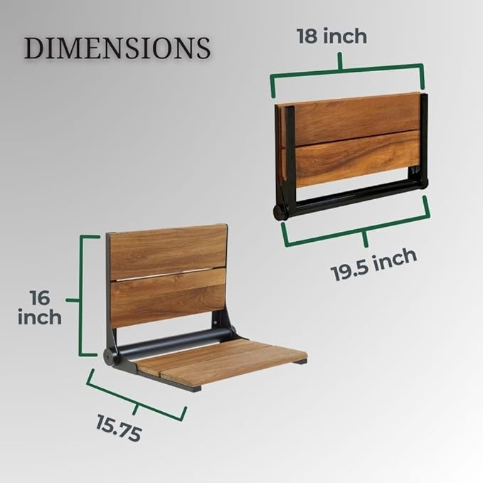 Folding Shower Seat Wall Mounted with Back | 500 lbs Maximum Load Capacity | ADA Compliant Safety Assist Teak Shower Seat for Seniors, Handicapped, and Children | 304 Stainless Steel Frame | 18” x 16”