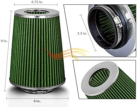 GREEN 3.5" 89 mm Inlet Truck Air Cone Replacement Performance Washable Clamp-On - Image 2