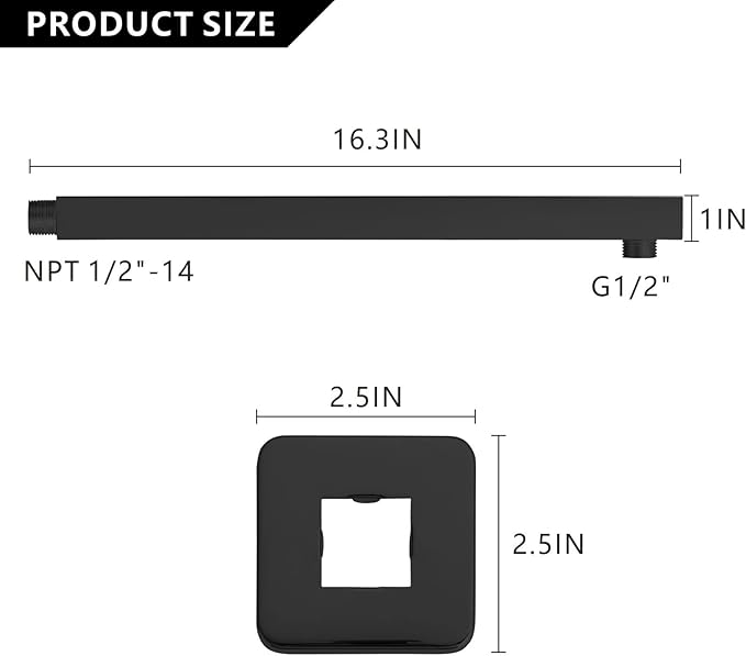 Voolan 16" Square Shower Arm with Flange and Teflon Tape, Extension Shower Head Arm for Bathroom Fixed Shower Head, Solid Stainless Steel, Wall Mounted (Matte Black)