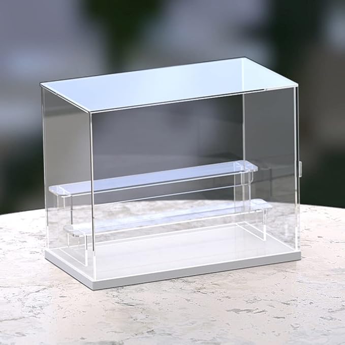 Choowin 3 Tier Clear Acrylic Display Case for Collectibles, Mini Figures, Pop Mart, Labubu, Sonny Angel, Smiski - Assemble Dustproof Acrylic Display Box with Door, Stand (White Base, Clear Step)