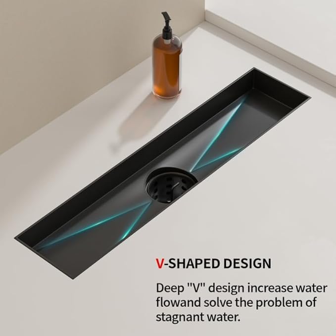Linear Shower Drain, 304 Stainless Steel with Adjustable Leveling Feet, Hair Strainer,Reversely Install Place to Create an Invisible Floor Drain- Black -12-Inch