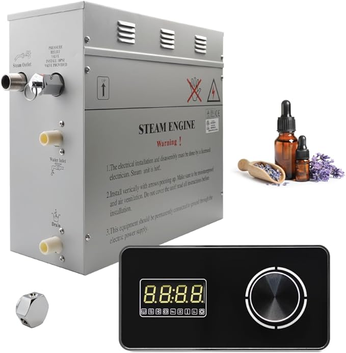 Superior Encore 9kW Steam Shower Generator Kit with Horizontal Black Keypad & Set of 6 Aromatherapy Oils |Self-Draining Steam Bath Generator|One-click Connection Cord|