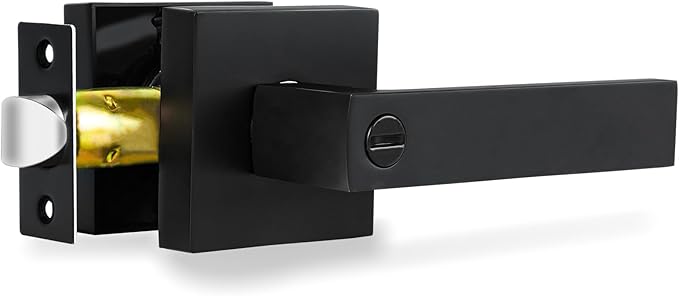Privacy Interior Door Lever, Heavy Duty Matte Black Door Handles Square Door Knobs for Bedroom & Bathroom Keyless Door Lock Handles for Right & Left Sided Doors (1 Pack)