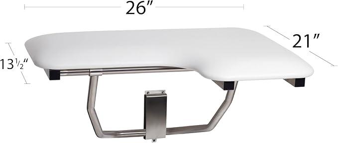 Seachrome Lift-Assist Shower Seat, L-Shaped Left-Hand, ADA, Wall Mount, Padded White Naugahyde