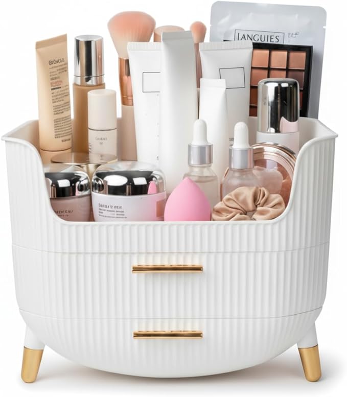 Makeup Organizer with Drawers, Skincare Storage Box for Vanity, Multiple Compartments, Portable Cosmetic Display Case with Handle, Large Make up Organizers for Dresser, Bathroom, Bedroom, White
