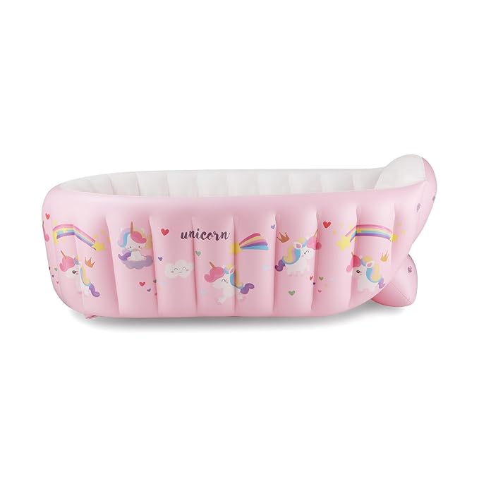 PandaEar Baby Inflatable Bathtub, Portable Travel Baby Infant Bath Tub Toddler Bathtub with Air Pump, Foldable Non-Slip Shower Basin Mini Air Swimming Pool for Newborn (Pink Unicorn)