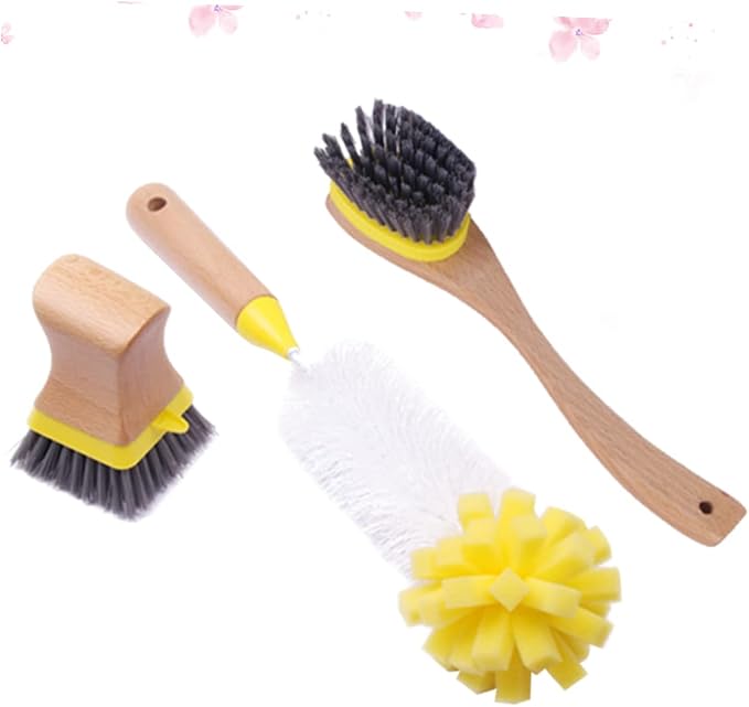 Natural Wood Handle Sponge Scrubber Tile Scrubber Brush Cleaner Kitchen by BEBEMOKO