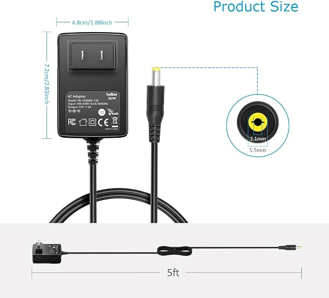 Belker 12V 3A 2.5A AC DC Power Adapter Supply Cord Wall Charger 5.5 x 2.1mm Plug - Image 5