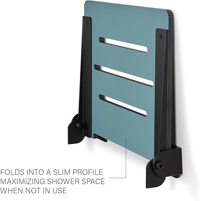 18 inch Silhouette Slimline Folding Wall Mount Shower Bench Seat, Teal Seat with Matte Black Frame