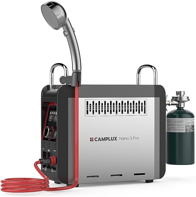 CAMPLUX Nano 3 Pro 1 lb Propane Portable Water Heater, Table Top Camp Water Heater & Shower Pump w/Built-in Battery, Compact Outdoor Camping Hot Showers