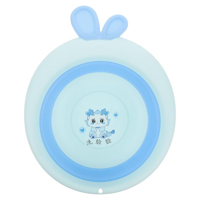 Collapsible Bath Tub and Foldable Sink Basin for Newborns, Blue Cartoon Dragon Design, Lightweight Plastic Wash Basin for Bottles and Outdoor Camping