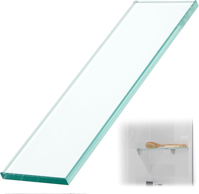 1 Pcs 3-3/8" x 12" 3/8" Glass Shelf for Shower Niche, Tempered Glass Shelf Floating Shelves for Bathroom Essentials DIY Storage Decoration, Easy Install Support Plate