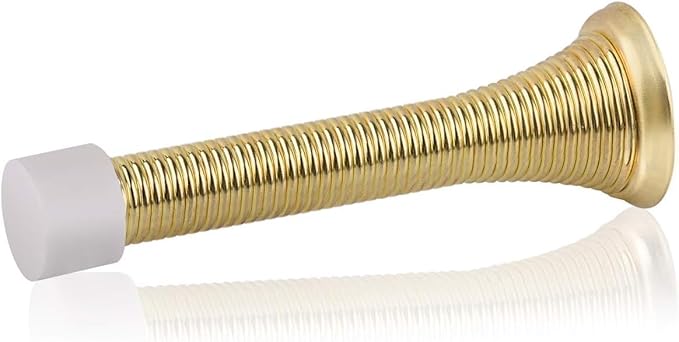HOMOTEK 1 Pack Spring Door Stopper with Rubber Bumper 3-1/8" Flexible Spring Heavy Duty Wall Door Stop Low Mounted Door Bumper for Home (Bright Brass)