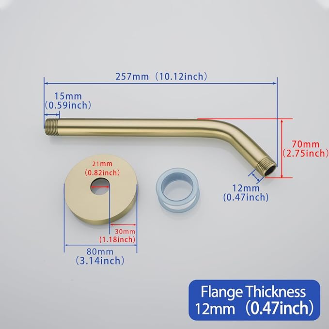 10 in Brushed Gold Shower Arm with Flange,Wall Mount Replacement Angle Shower Head Arm Wall-Mounted For Fixed Shower Head & Handheld Showerhead,SW-RD91018-10BG.