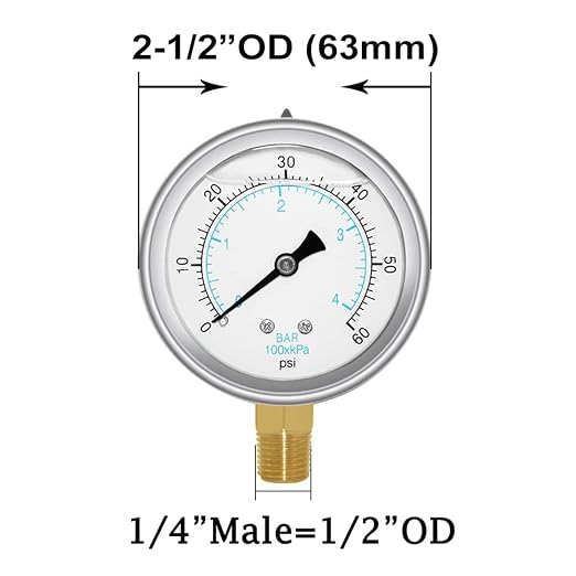 Joywayus Pressure Gauge 0-60 PSI Brass 1/4" NPT Male Thread Lower Mount - Image 2