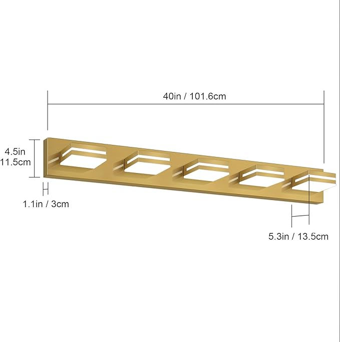 SineRise LED Modern Bathroom Vanity Light Fixtures (5-Light, 40-Inch), Brass Modern Acrylic Bathroom Wall Lighting Fixtures Over Mirror (Cool White 6000K)