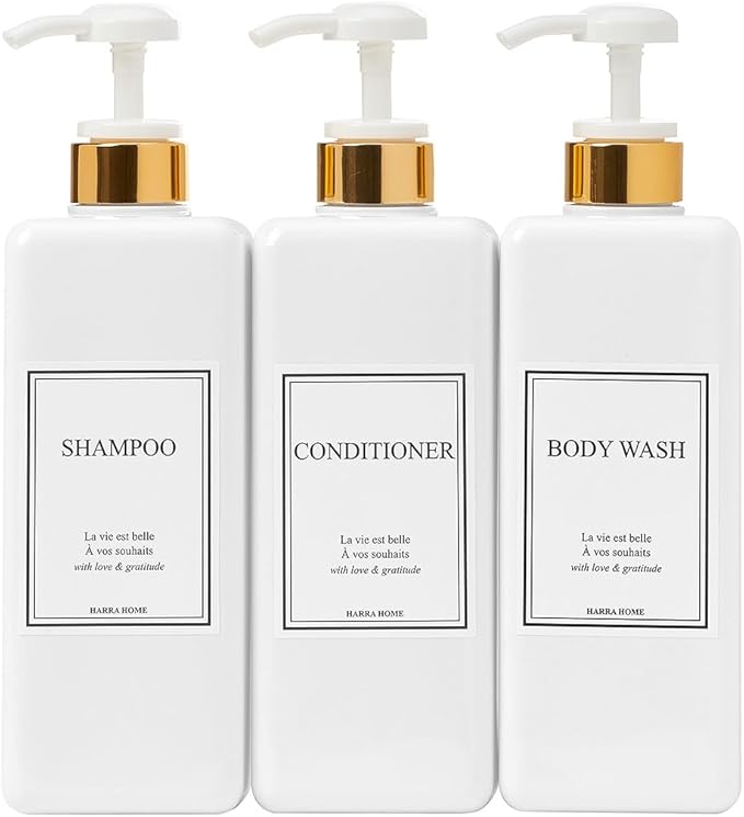 Modern Gold Design Shampoo and Conditioner Dispenser, Large 27oz Shower Soap Dispenser, Set of 3 Refillable Empty Plastic Pump Bottles for Bathroom and Body Wash (6 Waterproof Labels Included), White