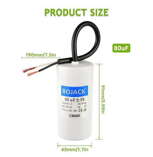 BOJACK Run Capacitor 80 uF MFD 250V AC 80 MFD CBB60 2 Wire 50/60Hz Cylinder - Image 2