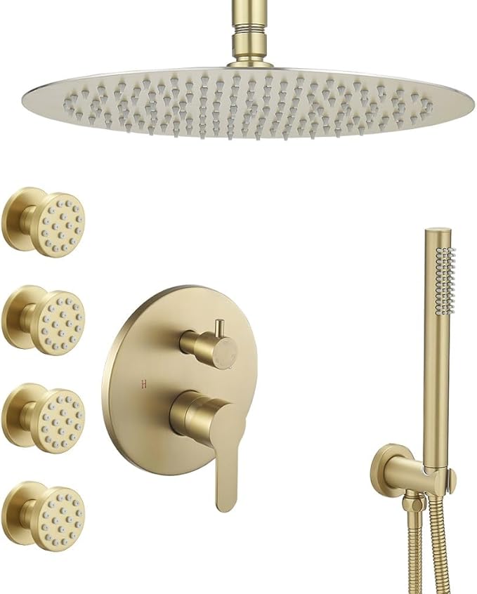 Brushed Gold Round Shower Faucet Set with Body Jets 10 Inch Shower Head Handheld Shower Combo Set High Pressure Ceiling Mount with Rough-in Valve