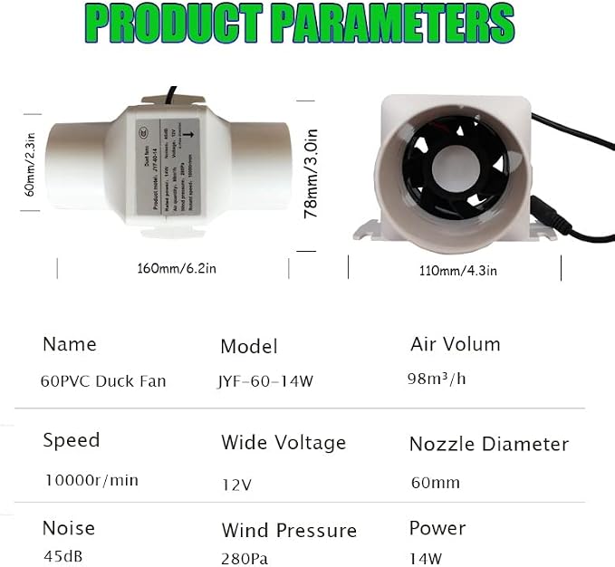14W 2.3Inches Duct Inline Fan 60mm Mini Intake Fume Extractor Low Noise 57CFM - Image 2