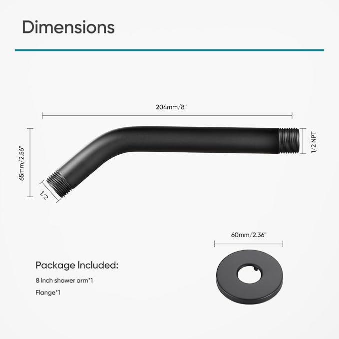Cobbe Shower Arm with Flange and Teflon Tape, 8-Inches Wall Mounted Shower Pipe Arm Extension for Fixed Shower Head, Matte Black