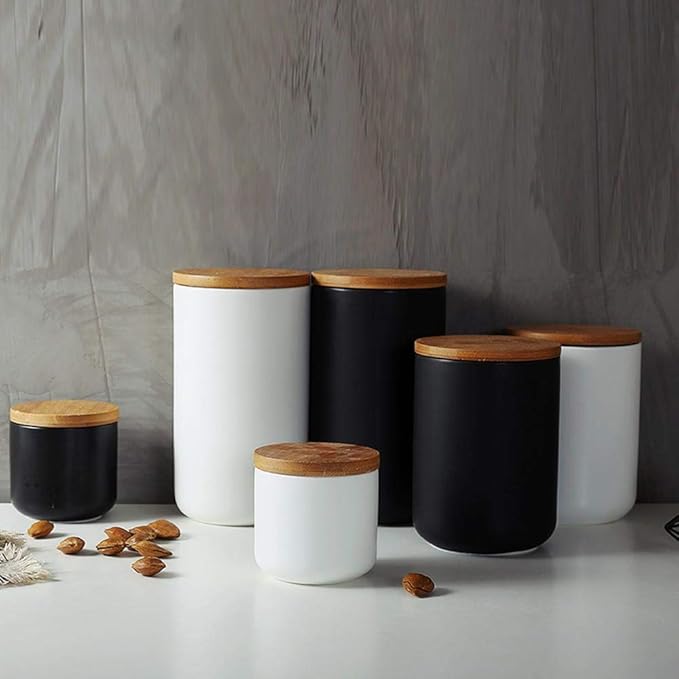 MilkyWay Food Storage Jar Strong Ceramic Storage Canisters with Airtight Seal Bamboo Lid Modern Design Seal Damp-Proof Kitchen Jar for Coffee, Tea, Spice and More (White(S: 8.7oz/260ml))