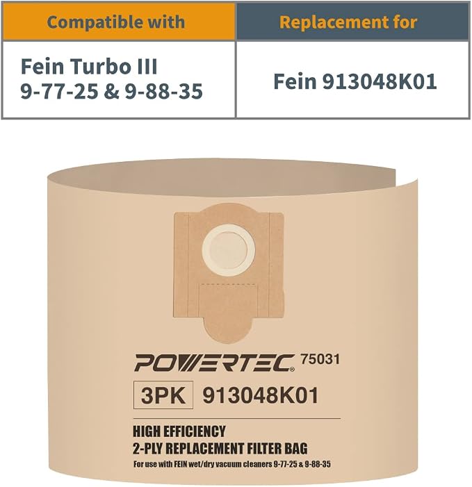 POWERTEC Shop Vacuum Bags 3PK for Fein 913048K01, 69908195016 Vacuum Bag - Image 2
