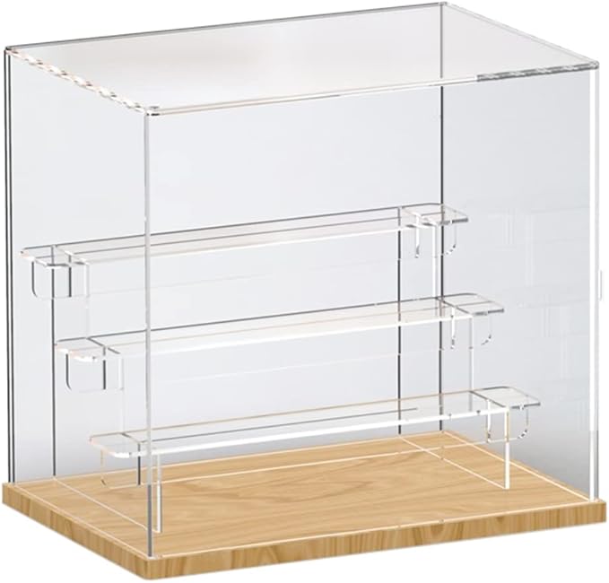 Choowin 4 Tier Clear Acrylic Display Case for Collectibles, Mini Figures, Pop Mart, Labubu, Sonny Angel, Smiski - Assemble Dustproof Acrylic Display Box with Door, Stand (Wood Base, Clear Step)