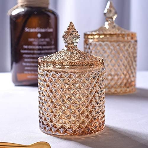 Colorful Home Decorative Jar Qtips Holder Dispenser Glass Storage Container Bathroom Counter Vanity Organizer for Bath Salts/Swabs/Rounds Makeup Sponges Toothpick Jewelry(Amber,10 oz)