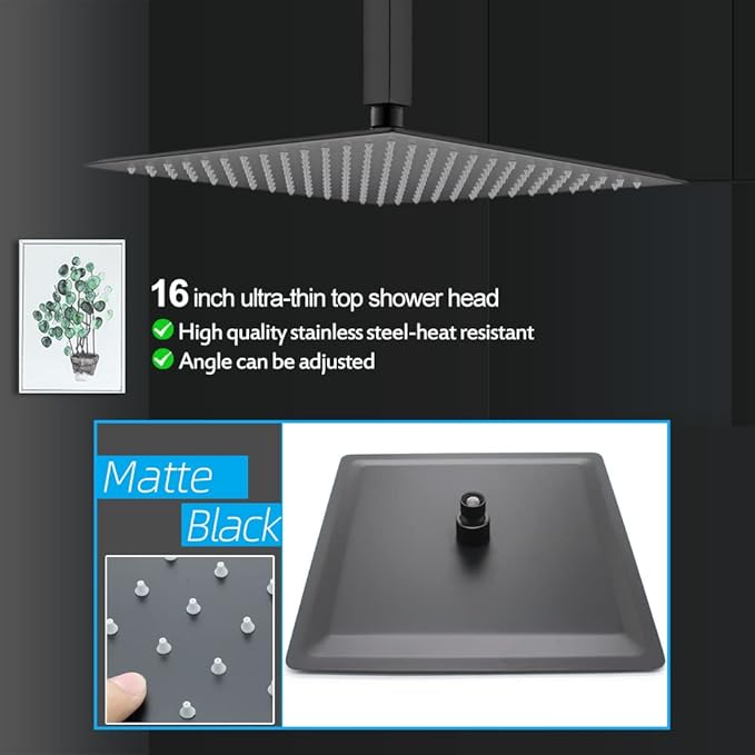 Matte Black Full Body Rain Shower System 16 Inch Ceiling Mount Dual Function Shower Faucet System Set with Overhead Rainfall Shower and Handheld Spray, Pressure Balance Valve Kit and Trim