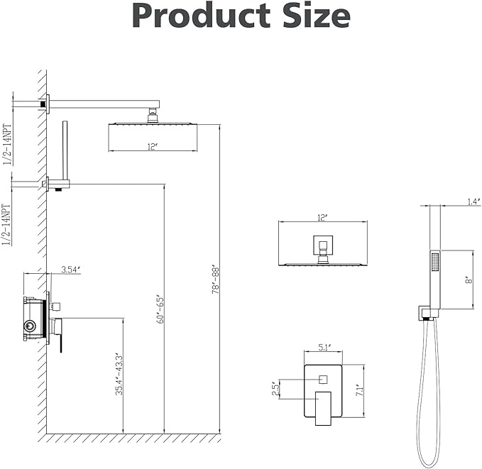 Gabrylly Shower System, Rainfall Shower Faucet Set Complete, 12" High-Pressure Stainless Steel Rain Showerhead with handheld Spray Combo, 2 Way Valve Included, Brushed Nickel