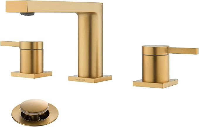 Luxury Brass Widespread Bathroom Sink Faucets with Copper Valve for 3 Hole 2-Handle 8 Inch Deck Bathroom Vanity Faucet, &Stainless Steel Pop-up Drain Assembly, Brushed Brass Gold