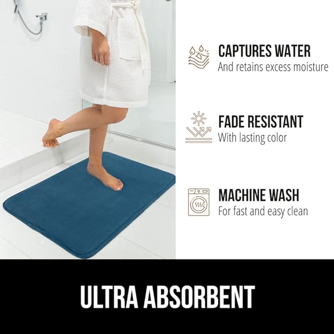 GORILLA GRIP Memory Foam Bath Mat, Soft Absorbent Velvet Bathroom Mats, Durable Dots on Underside, Machine Washable Bathmat, Carpet Rug Room Decor for Shower Tub Floor RV, 48x24 Rugs, Blue