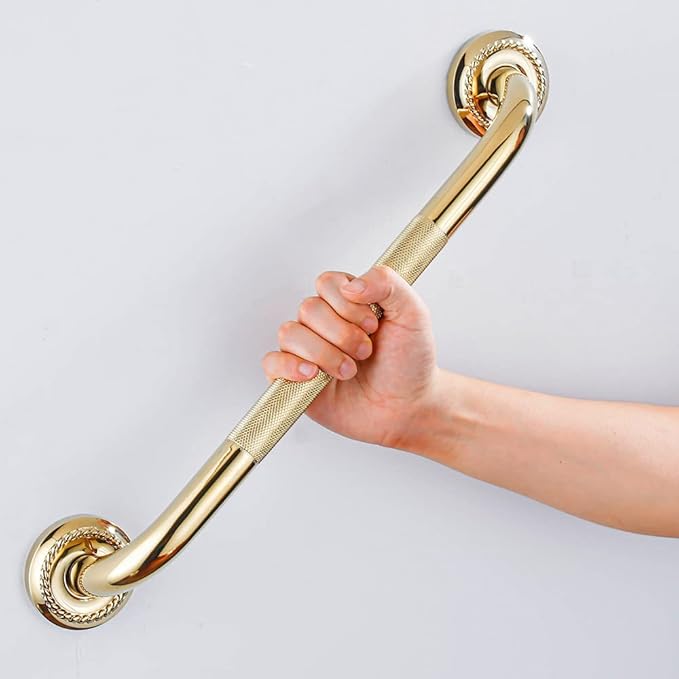 Textured Shower Grab Bar, 16-Inch Bathroom Support Rails, Stylish Safety Armrest Hand Rail, Polished Brass/Gold Finish, Good for Senior, Kids, Elderly